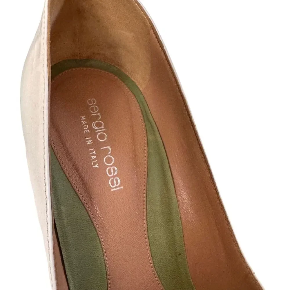 Sergio Rossi Ivory & Olive Green Strappy Peep-Toe Heels - Size 38.5 Euro 8.5 US
